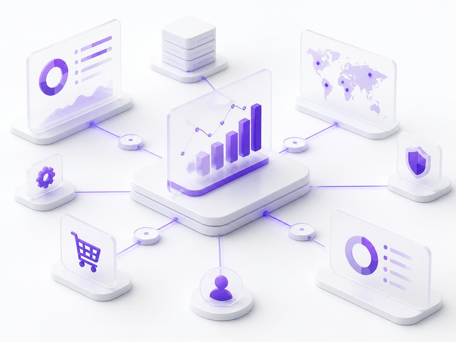 Abstract visualization of connected business systems, dashboards and automated workflows
